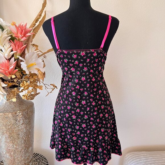 Deadstock Y2K Hot Pink & Black Floral Lace Babydoll Mini Dress Lingerie Top S - Picture 3 of 8